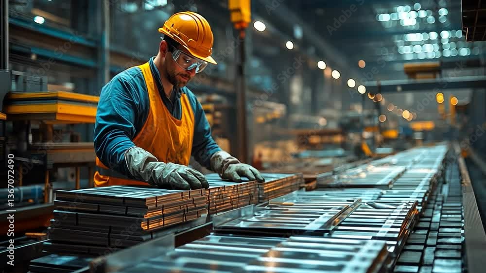 Poster focused worker factory setting showcases safety and concentration while handling materials and organ