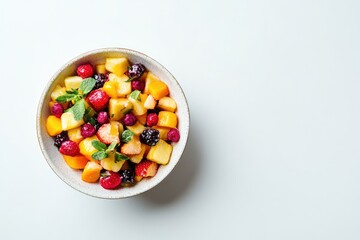 Vibrant fruit salad in a bowl.  Freshly cut mango, strawberries, raspberries, blackberries, and mint leaves create a colorful and healthy mix