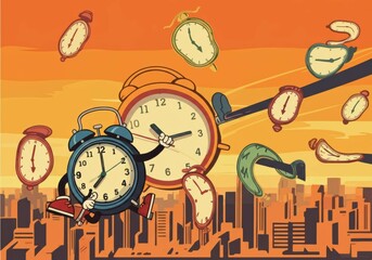 Playful clocks dancing in a vibrant cityscape