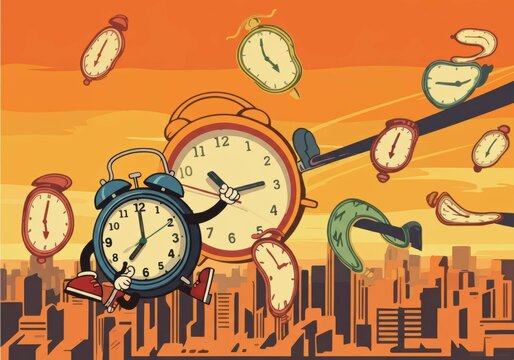 Playful clocks dancing in a vibrant cityscape