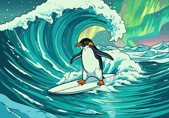 Obraz premium Penguin surfing on a wave under aurora lights