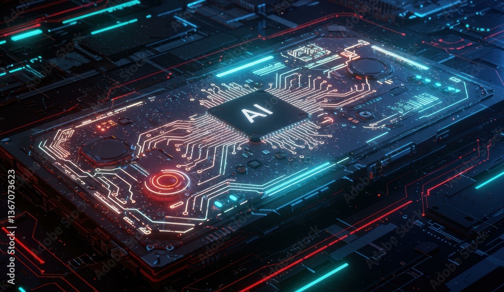 Poster futuristic circuit board design featuring artificial intelligence elements with neon lights and digi