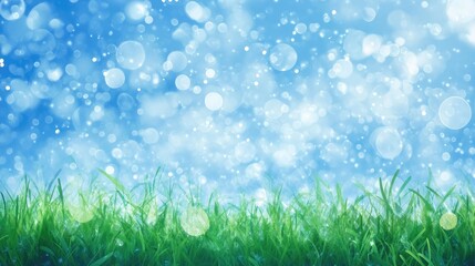 Obraz premium World environment day concept: green grass and blue sky abstract background with bokeh