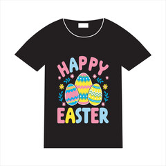 Colorful Happy Easter T-Shirt Design with Decorative Eggs and Festive Elements on a 
Black Background,Vibrant Easter T-Shirt Illustration with Three Patterned Eggs and Playful Typography 