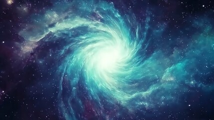A mesmerizing cosmic swirl, a celestial vortex of teal and blue nebulae, spiraling towards a radiant light source in a breathtaking cosmic ballet.