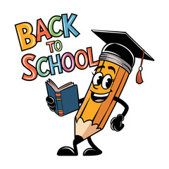 Retro pencil character reading book while celebrating back to school season with fun, colorful design