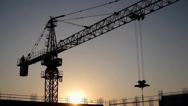 Tower crane silhouette against sunrise moving over construction site skyline
