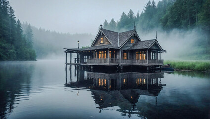 Fototapeta premium Enchanted boathouse on a misty lake