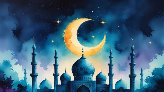 Watercolor illustration of a mosque with a crescent moon and stars in a night sky