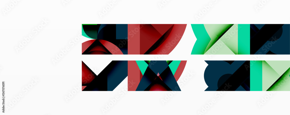 Poster Abstract geometric composition with interlocking circular and angular shapes, featuring smooth gradients and sharp contrasts on a white background