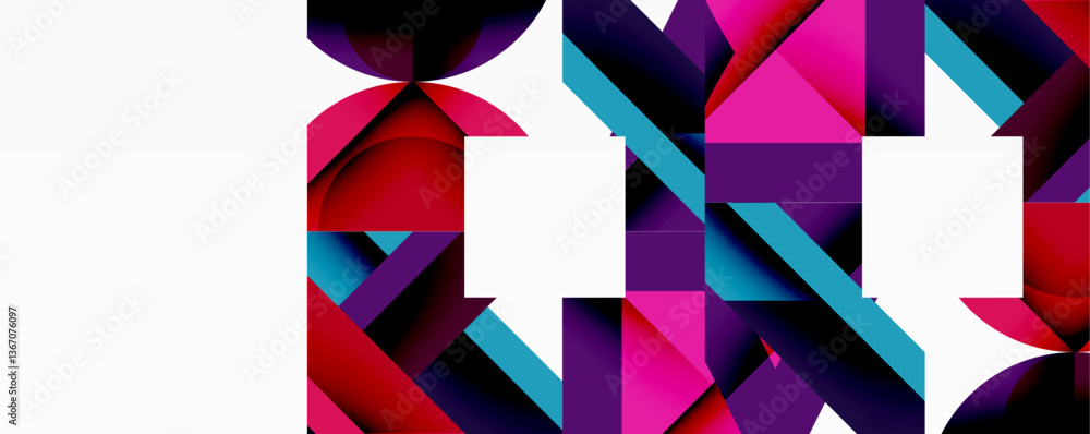 Poster abstract geometric composition with interlocking circular and angular shapes, featuring smooth gradi