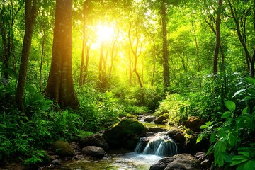 Obraz premium Sunlit stream flows through lush green forest.