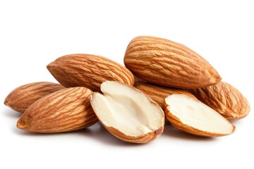 Pile of whole and halved almonds.  Close-up view of nuts