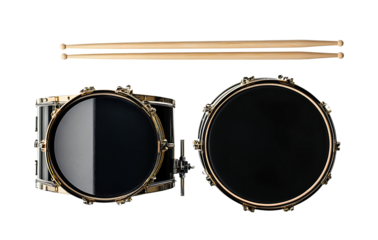 Two black drums and two drumsticks on a transparent background 