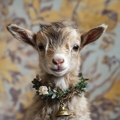 Fototapeta premium Adorable Baby Goat with Flower Crown and Bell