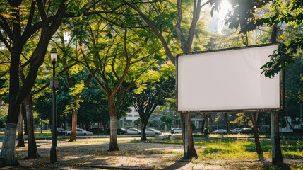 Serene Outdoor Setting Featuring a Blank Billboard in a Lush Green Park