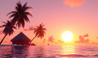 Fototapeta premium Stunning Tropical Sunset Illustration with Palm Trees and Island Hut