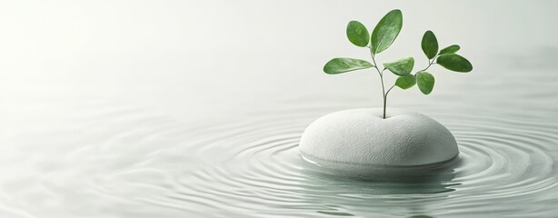 A small white stone with green leaves growing out of it, floating on water on a light gray background. 