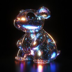 Hyperrealistic image of a glass statuette of a capybara. Futuristic glass capybara figurine glowing and studded with shimmering crystals on black background.