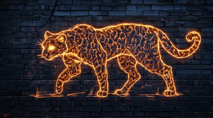 A cheetah is drawn with a glowing neon line against a brick wall. A glowing neon sign forms a contour drawing of a cheetah against a dark grunge-style brick wall.