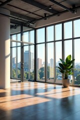 Fototapeta premium Floor-to-ceiling windows with minimalist frames in a modern open space office , interior design, blue, glass