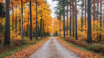 Obraz premium Autumnal Forest Path Leading to Sunlight