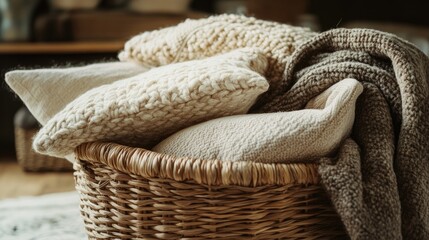 Obraz premium A beautifully woven basket filled with soft, cozy knitted blankets