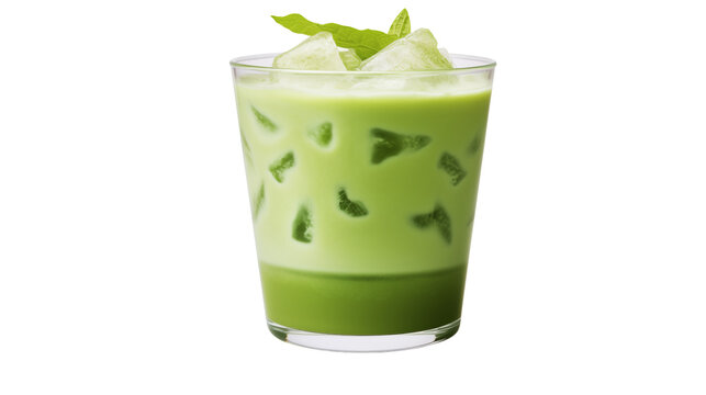 Iced matcha latte in a glass with mint leaves on top view