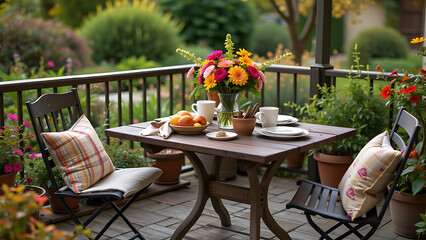 A cozy terrace setup with a rustic table and garden chair, adorned with a vase of colorful flowers, a bowl of seasonal fruits, stylish tableware, and personal accessories