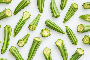 Fresh okra pods, sliced, arranged on a white background.  A vibrant display of sliced okra.  