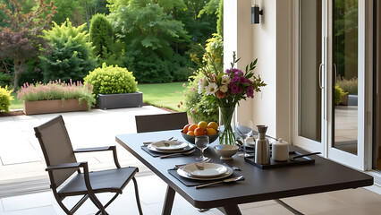 Fototapeta premium An elegant terrace interior showcasing a sleek table and garden chair, complemented by a vase of fresh flowers, a bowl of assorted fruits, sophisticated tableware, and personal accessories