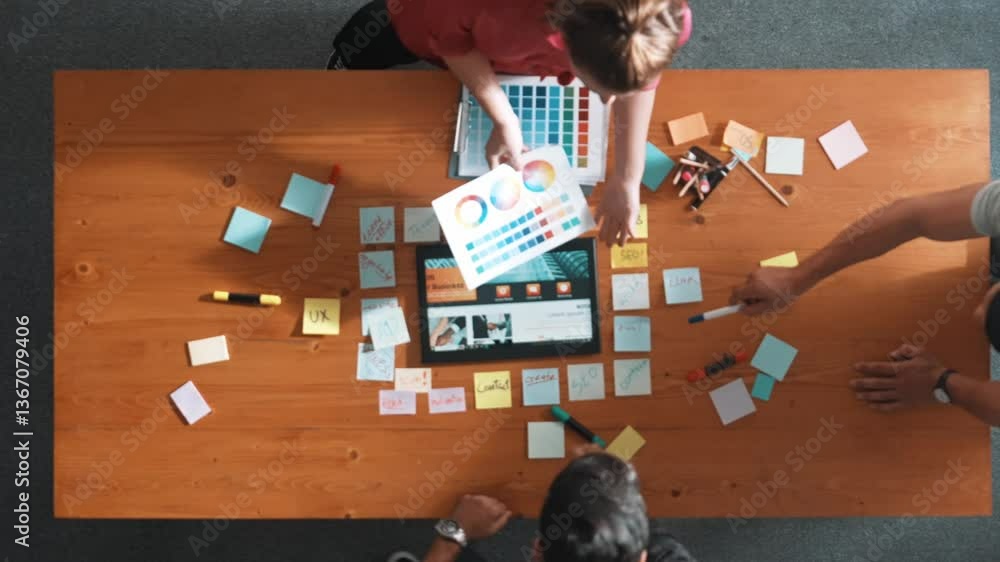 Poster top view of business people working together to design web design. aerial view of designer brainstor