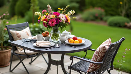 A stylish terrace arrangement featuring a contemporary table and garden chair, decorated with a vase of seasonal flowers, a bowl of fresh fruits, polished tableware, and personal accessories