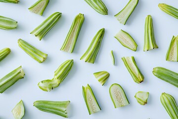 Freshly sliced zucchini segments arranged artfully on a light blue surface