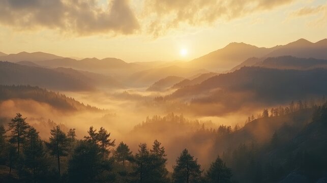 sunset over misty mountain range, golden hour landscape