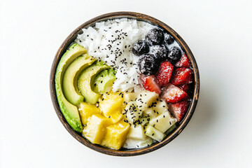 a bowl of fruit and rice with a spoon