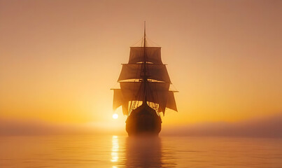 Classic Wooden Sailing Ship Cutting Through Misty Sunrise Waters