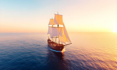 Fototapeta premium Classic Wooden Sailing Ship Navigating Calm Waters at Sunset