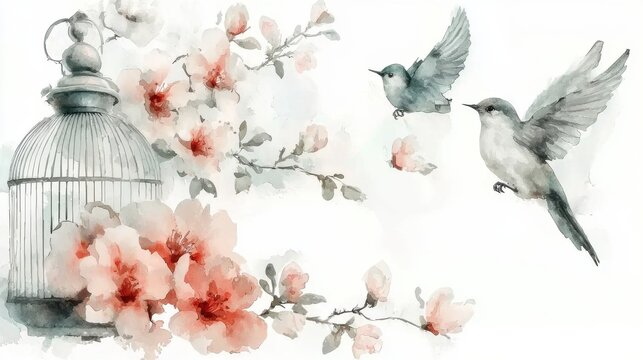 A dreamy watercolor style painting depicting graceful hummingbirds or sparrows amidst an enchanting display of delicate pink flowers and branches against a soft ethereal background