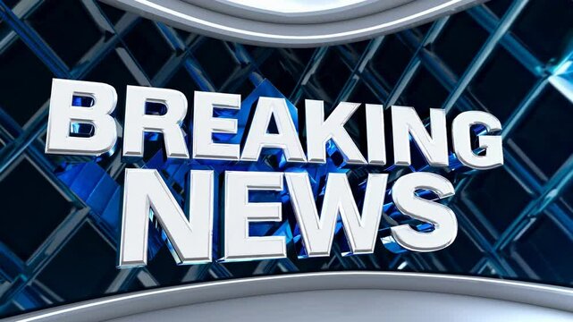 Dynamic breaking news video graphic with a 3D metallic and blue design. Eye-level angle emphasizes urgency and modernity in news broadcasting.