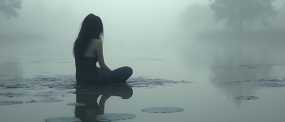 Woman meditates by misty lake.
