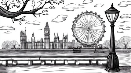 Black and White Line Art Drawing of London Landmarks