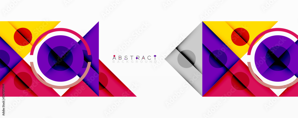 Aufkleber Abstract geometric composition with overlapping triangles, circles, and gradients, featuring a central circular design with text