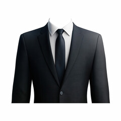 Formal black business suit with white shirt and black tie in realistic style without head or hands isolated on transparent background.