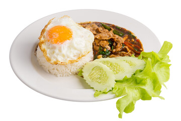 Holy Basil Fried Rice with pork and Fried Egg Sunny side Up isolated on a transparent background.