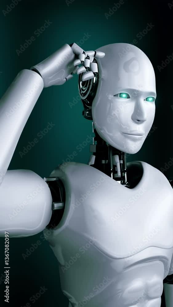 Poster thinking ai hominoid robot analyzing hologram screen shows concept of network global communication u