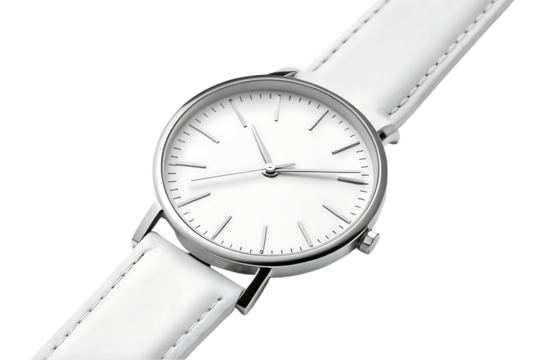  The Perfect White Wristwatch with Leather Strap .Timeless Elegance watch isolated on white background . An elegant wrist watch illustration on  white