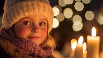 Child's joyful moment with candles winter evening portrait warm glow