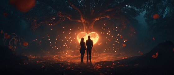 Obraz premium Romantic couple embracing enchanted forest fantasy scene nighttime