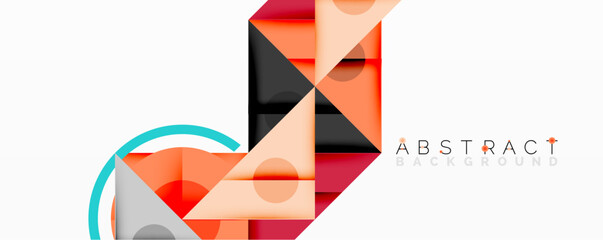 Abstract geometric composition with overlapping triangles, circles, and gradients, featuring a central circular design with text